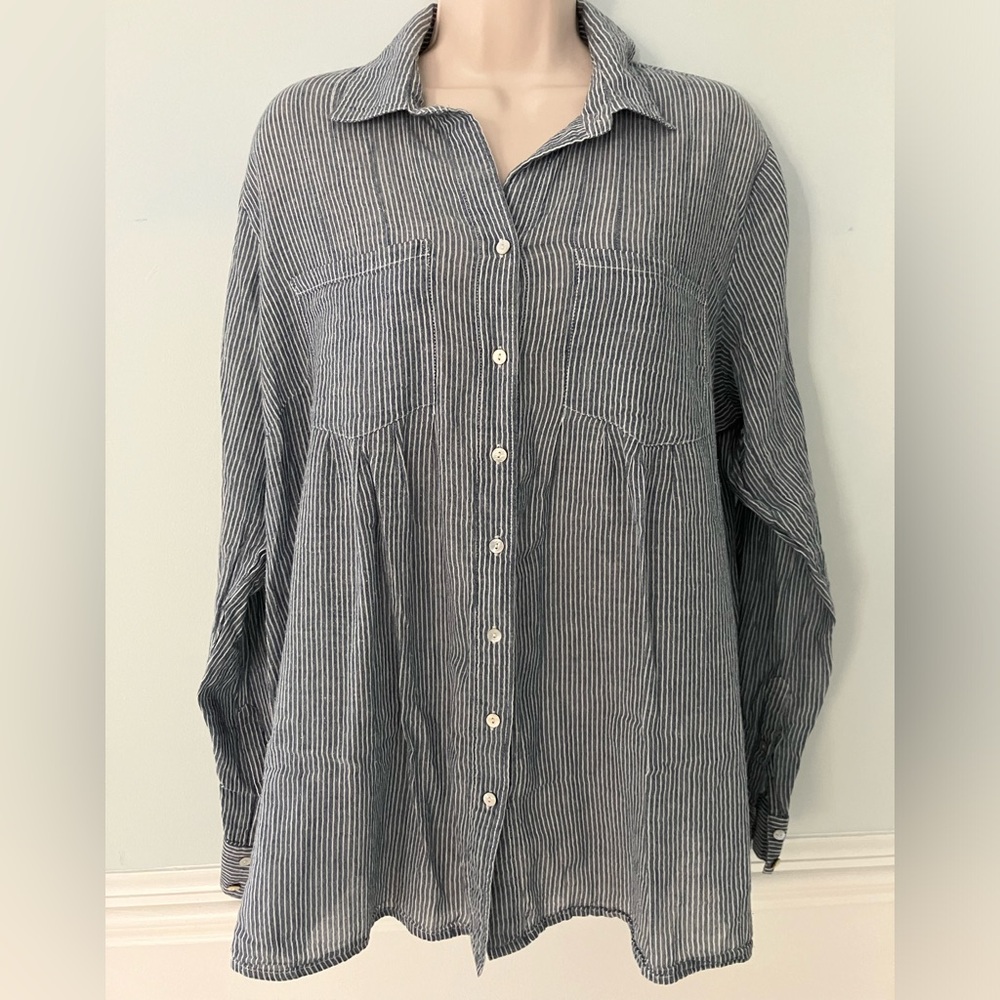 Lord & Taylor striped cotton blouse top button down baggy casual minimalist 1X